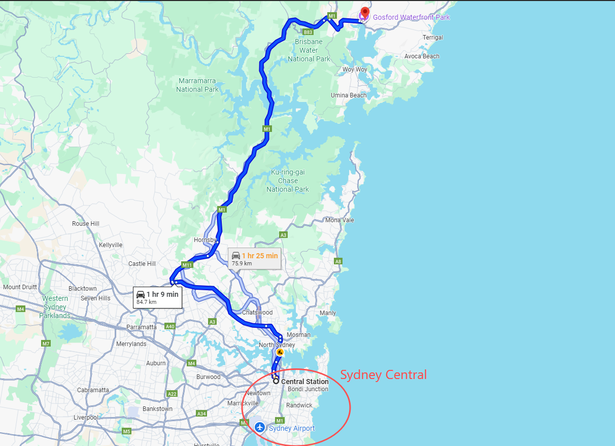 Route overview: Sydney to Gosford